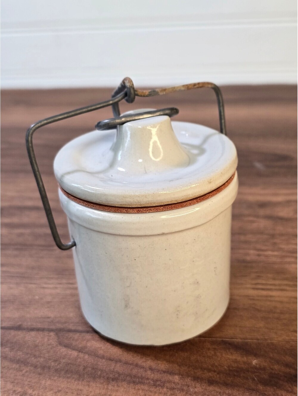 Vintage Stoneware Crock Jar with Lid & Wire Bail Handle Primitive Pottery